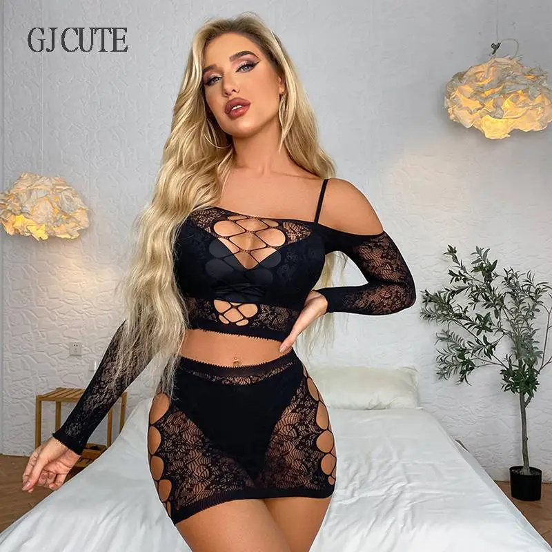 Sexy Lingerie Hollow Long Sleeve Skirt Underwear Sleepwear Sexy Tight Fitting