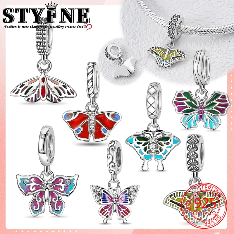 Animals Pets Beads 925 Sterling Silver Colorful Butterflies with Different Textures Charms Bracelets Jewelry Gift