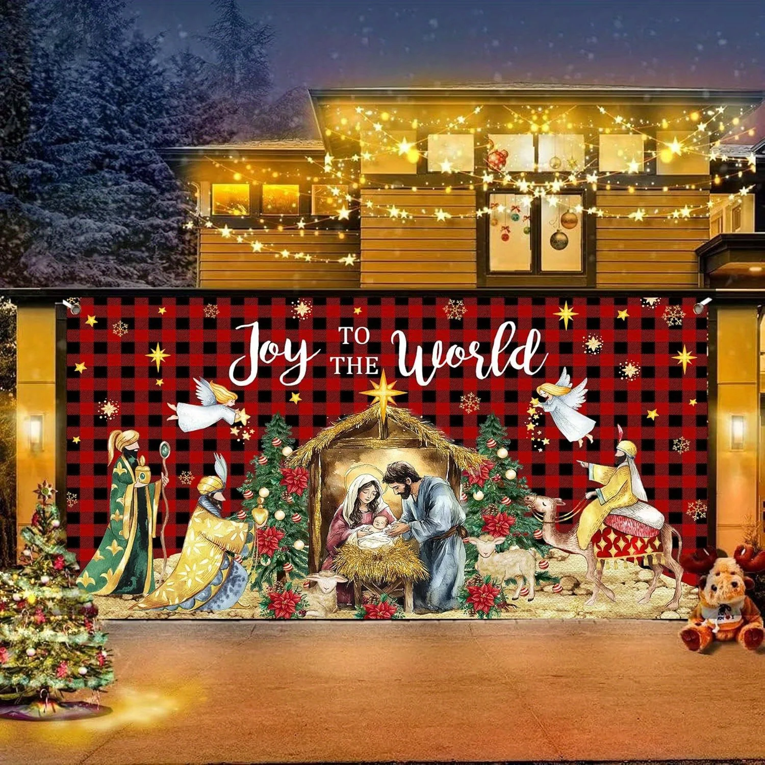 

Christmas Nativity Garage Door Decoration Cover, Red Checked Christmas Jesus Birthday Garage Door Banner Backdrop