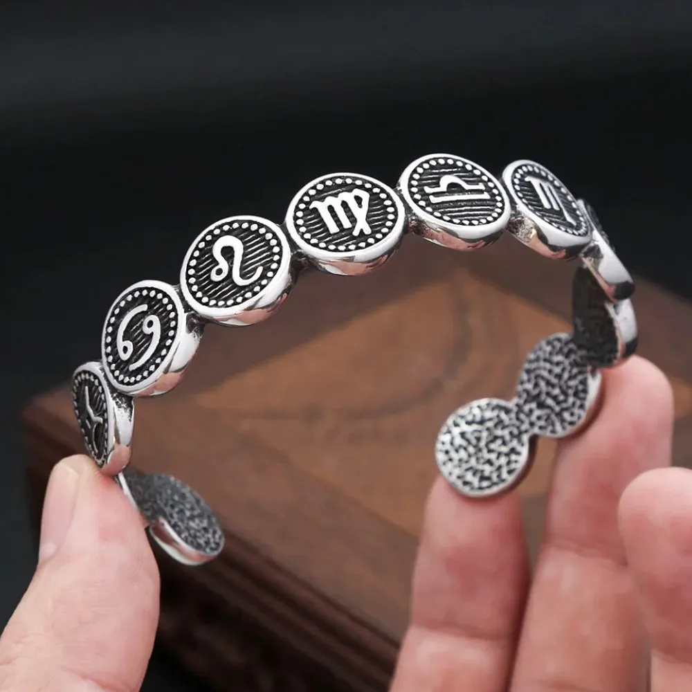 Vintage 12 Constellation Symbol Open Cuff Bangle Stainless Steel Punk Hip Hop Jewelry For Men Women Astrology Fashion Accessoy
