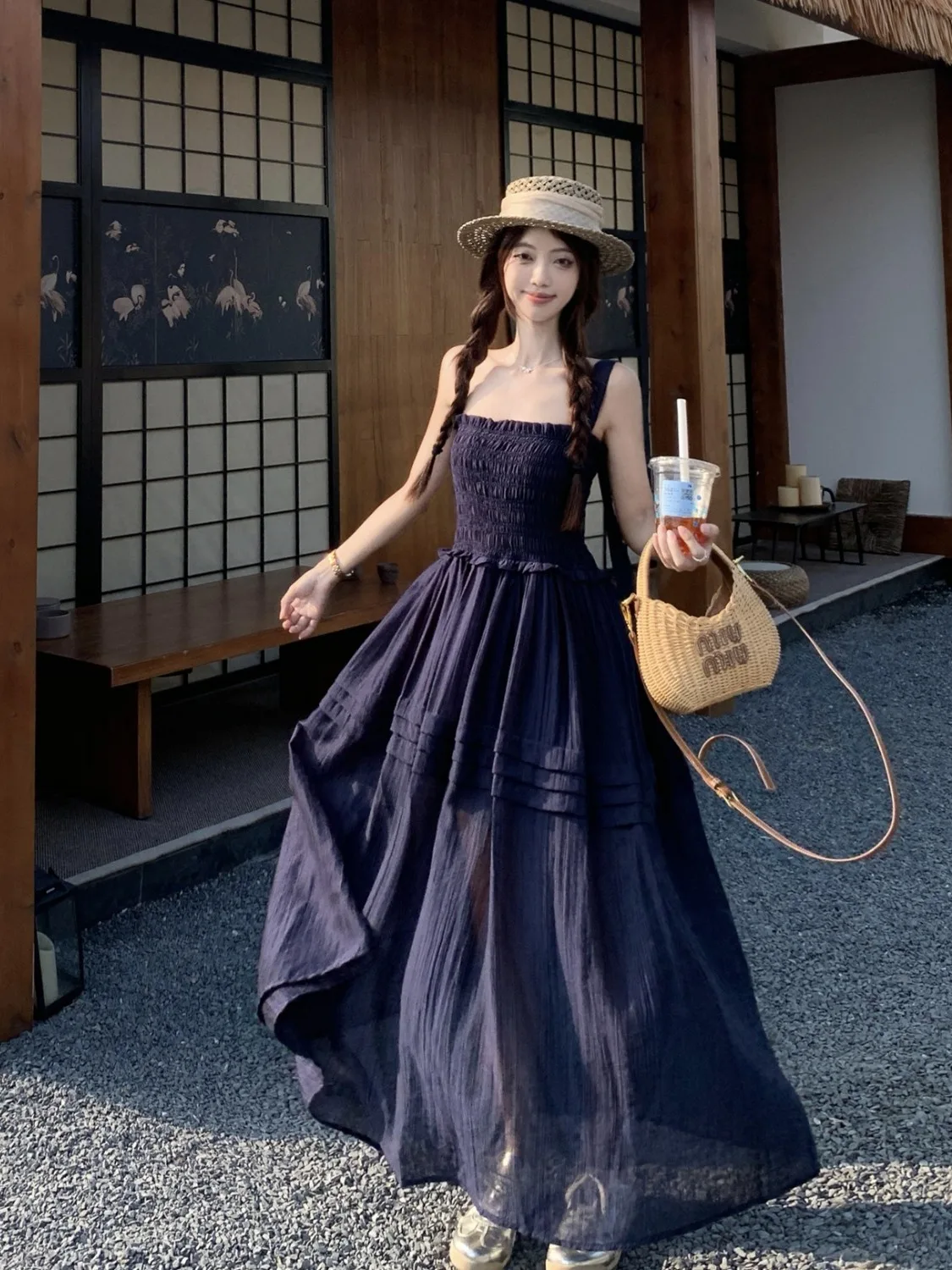 

Новое летнее платье больших размеров с волнистым краем и вставками, женское, А-силуэт, длинное, с завышенной талией, скрывающее живот