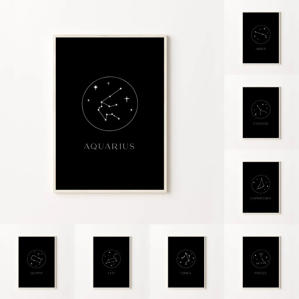 Minimalist Astrology Art Print Cream Beige and Black Zodiac Home Wall Decor Star Sign Neutral Constellation Canvas Poster