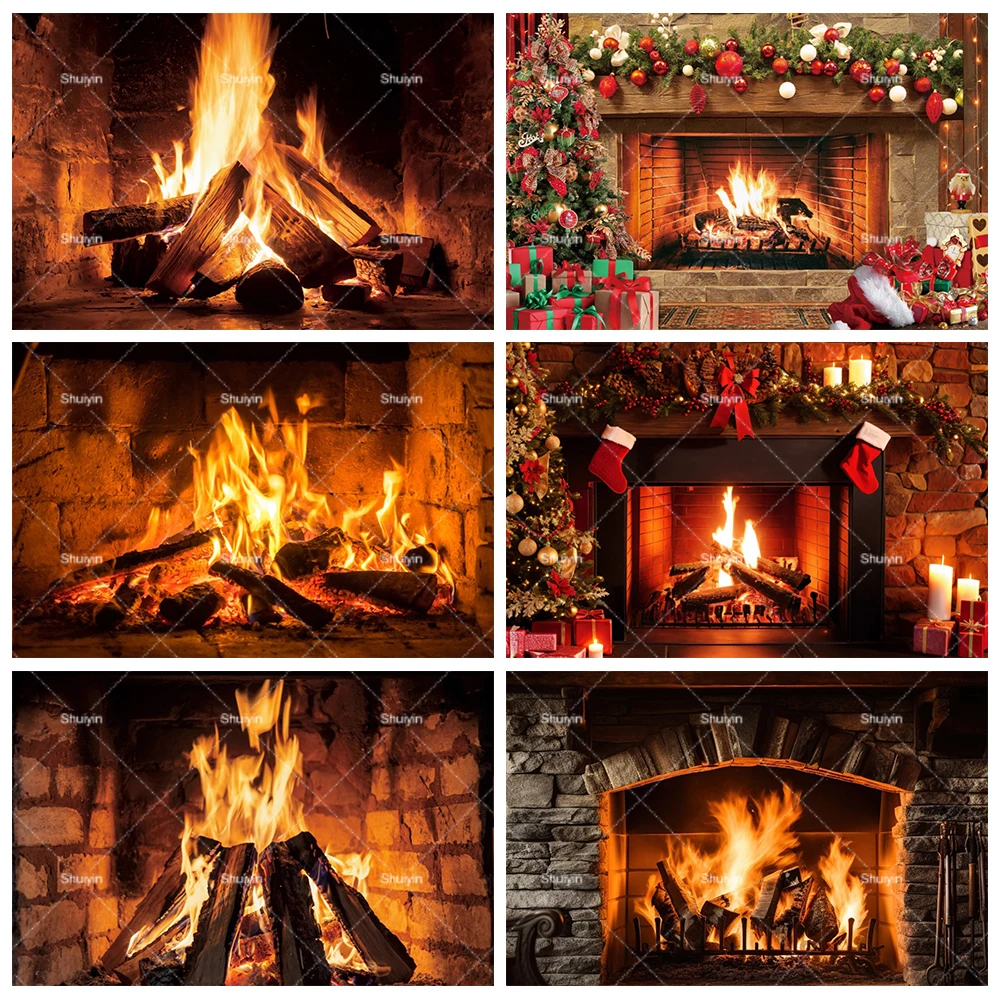 

2025 Christmas Winter Vintage Brick Fireplace Flame Backdrop Xmas New Year Party Supplies Room Decoration Photography Background