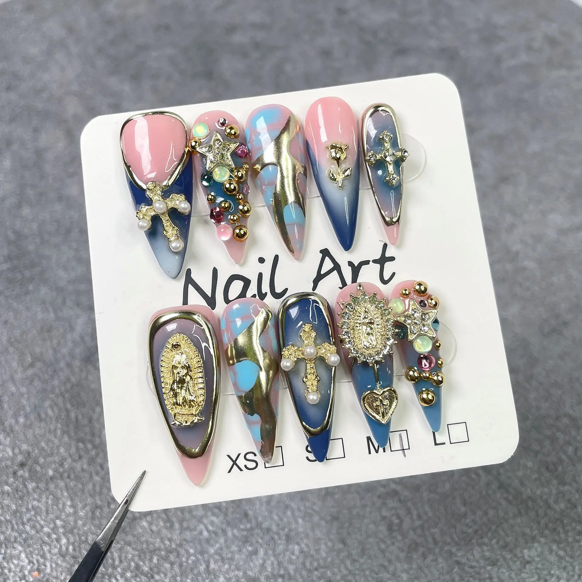 10 Stück lange, handgefertigte Stiletto-Nägel zum Aufdrücken, Retro-Kunstnägel mit 3D-Dekoration, Falschnägel, Diego Diego Diego Diego Vaj Mohamed Uñas Postizas – Detail 4