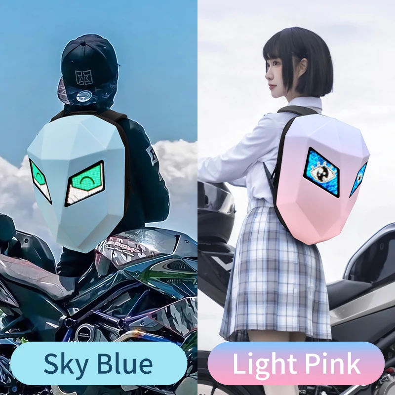 LED Rider Backpack For Women Pink Blue Motorcycle Helmet Backpack With Eyes Bluetooth App Travel Hard Shell Cycling Backpack