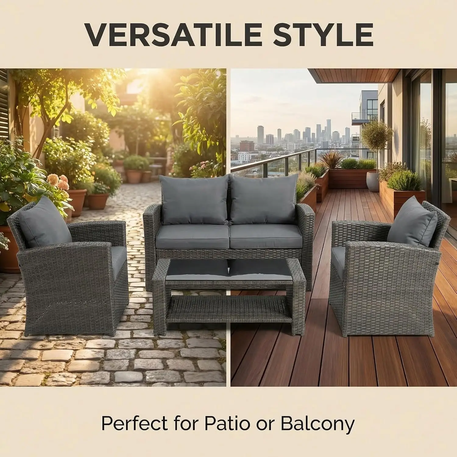 4 Pcs Outdoor Wicker Patio Set with Cushions & Table All-Weather PE Rattan Sectional Sofa for Backyard Porch Garden, Customized