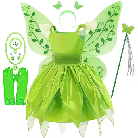 Girls Tinker Bell Fairy Tiana Costume for Girl Tinkerbell Children Clothing Princess Elf Birthday Ball Gown Wing Dresses