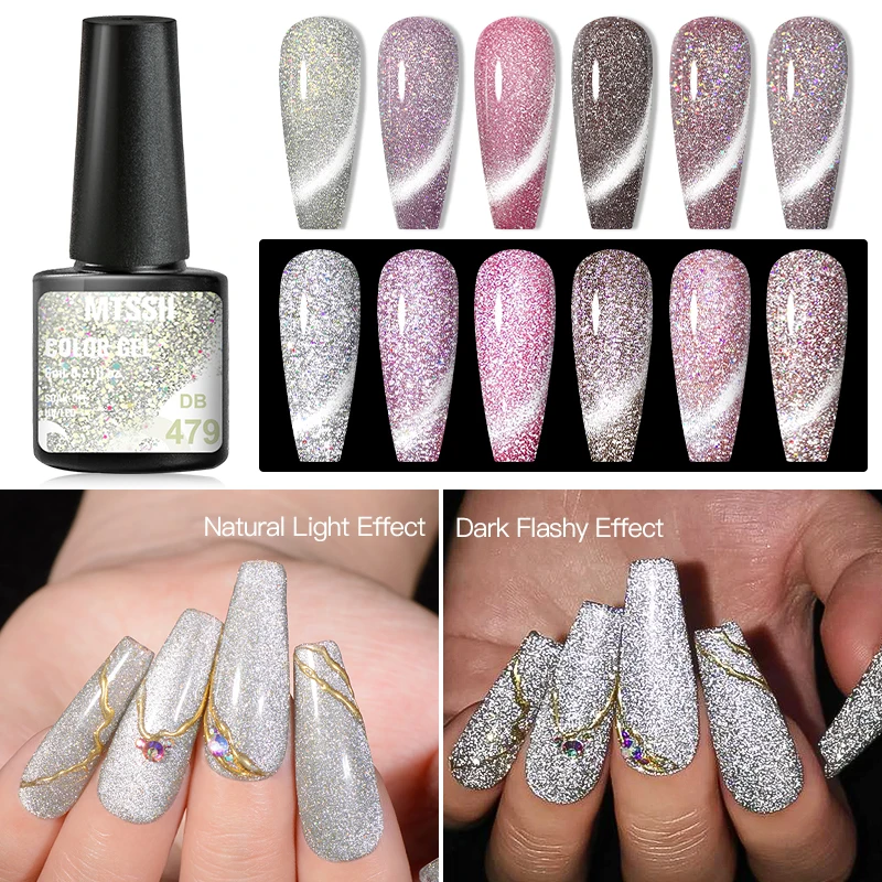 Mtssii Reflective Cat Eye UV Gel Set Glitter Magnetic Nail Polish Magnet Laser Nail Art Varnish Sparkly Soak Off UV Gel Nail Art