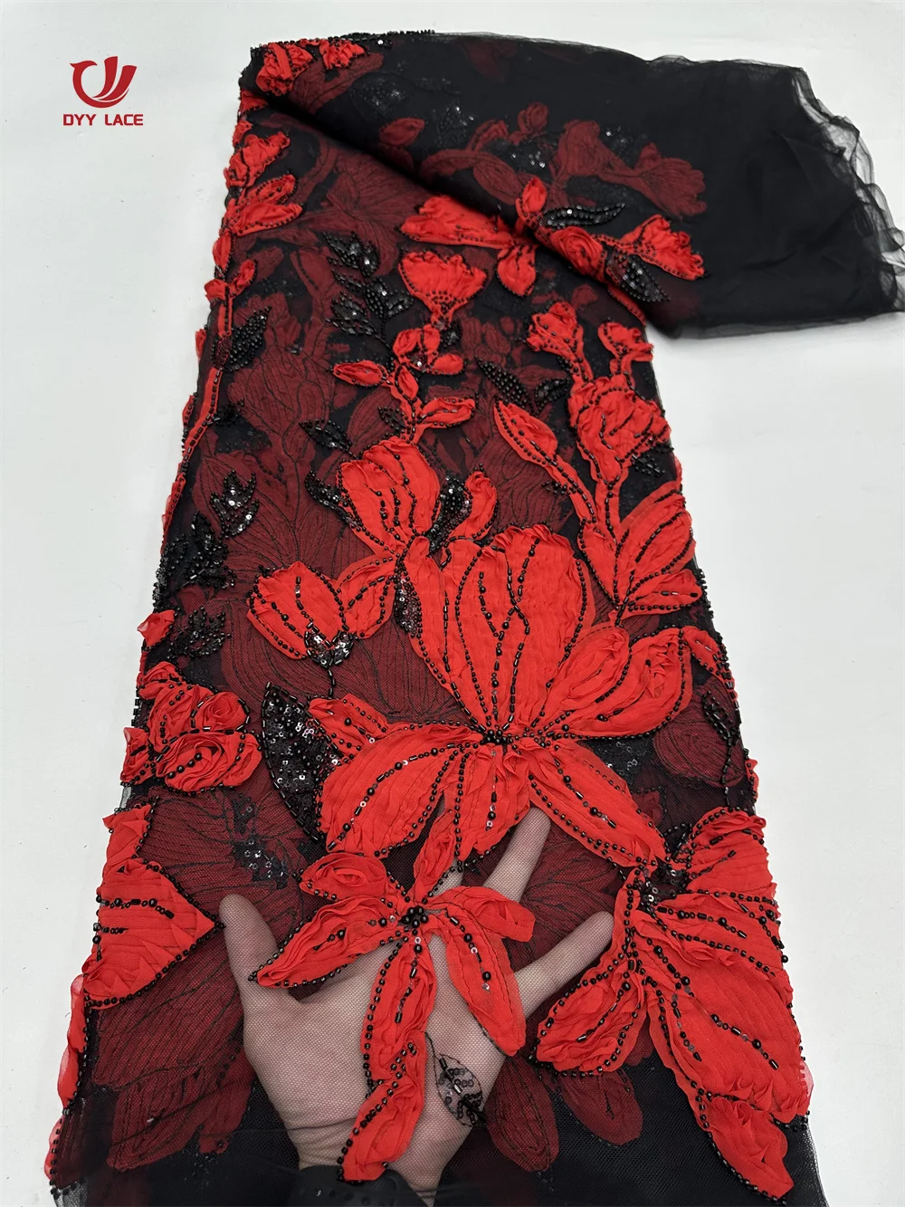 

5 Yards African Lace Fabric 2025 High Quality French Flower Sequins Embroidery Beads Tulle Lace Fabric For Party Dress