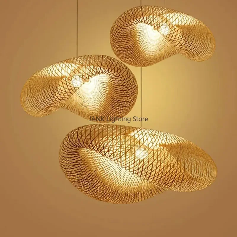 Chinese Handmade Bamboo Suspension Lamp Wicker Rattan Wave Shade Pendant Lamps Restaurant Aisle Tea Room House Indoor Lighting