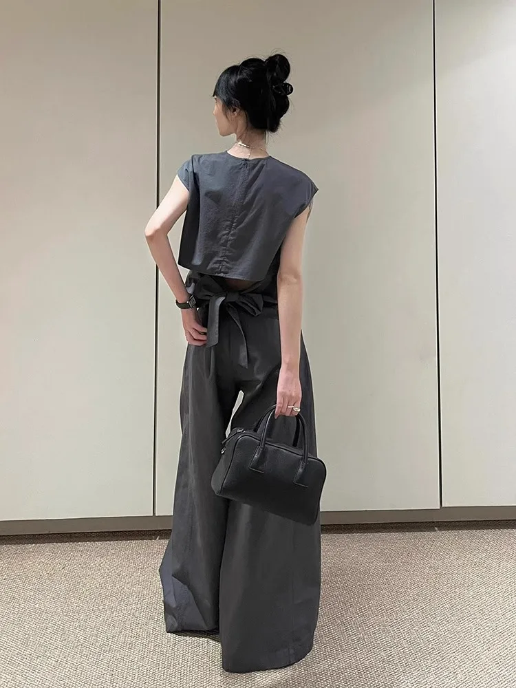 Fashionable Vest Set For Women In Summer 2024, With A Stylish Back Waist Strap Top Paired With Wide Leg Pants Two-Piece Set