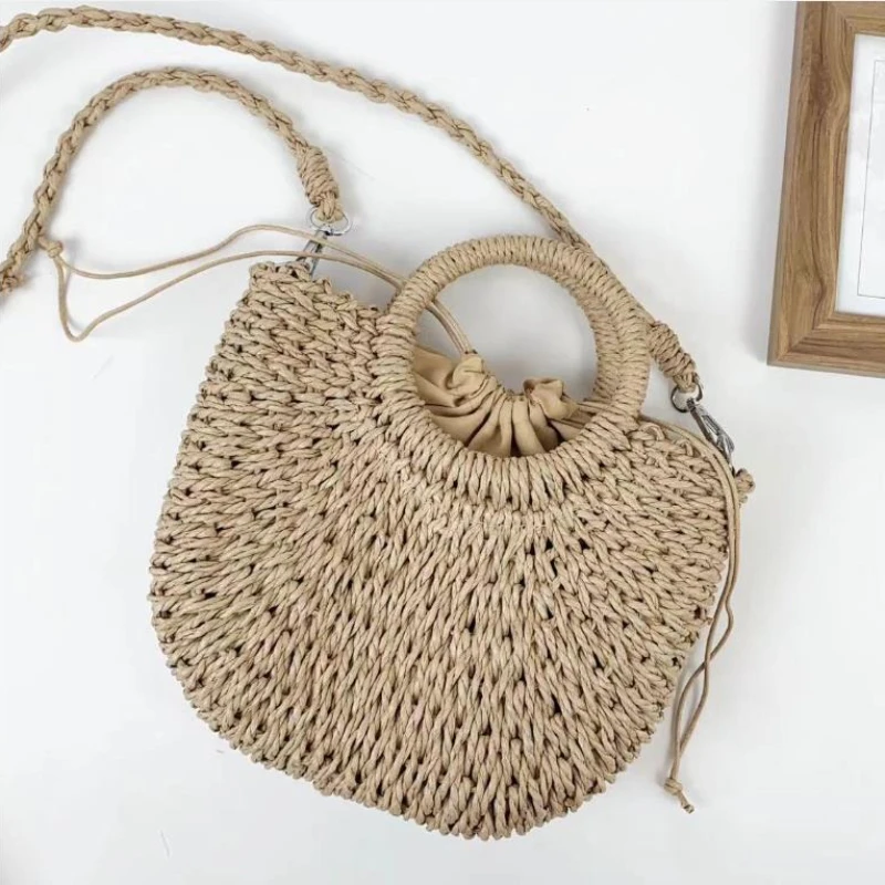 Handmade Half-Round Rattan Woven Straw Bag Summer Women Messenger Crossbody Bags Girls Small Beach Handbag New