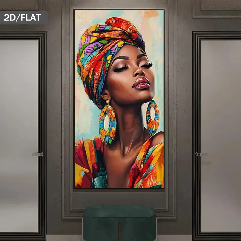 2D Flat, 2D Flat, Modern Abstract Canvas Painting Featuring an African Woman, Measuring 27.56 by 55.12 Inches (70 by 140 Cm), Pe