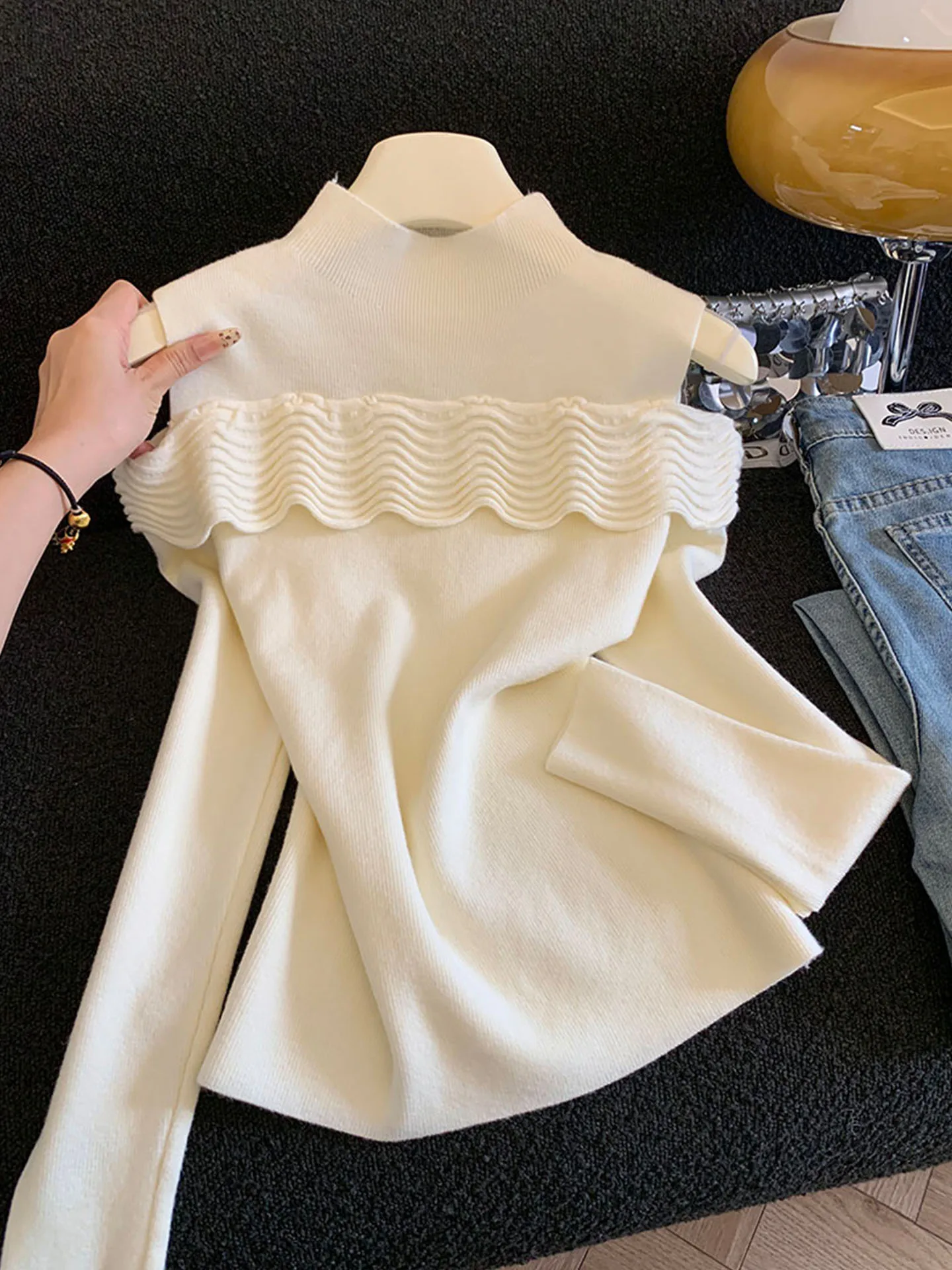 

Emily Clud Recommended~ Floral oulder Bared Long Sve f High Collar Knitted Base Top Women Autumn Winter