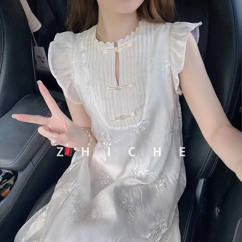 

Advanced New Chinese Jacquard Embroidery Dress Women's Summer Apricot Gentle Wind Small Flying Sleeves Age Reduction Long Dress