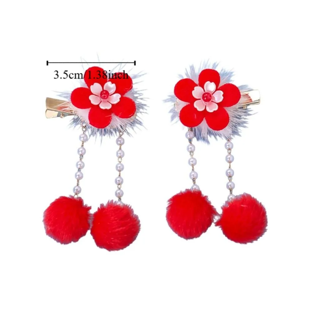 Hanfu أغطية الرأس للأطفال السنة الجديدة دبوس الشعر تانغ دعوى لطيف النمط الصيني المشابك الحمراء شرابة الكرة مشبك شعر النمط القديم الاطفال