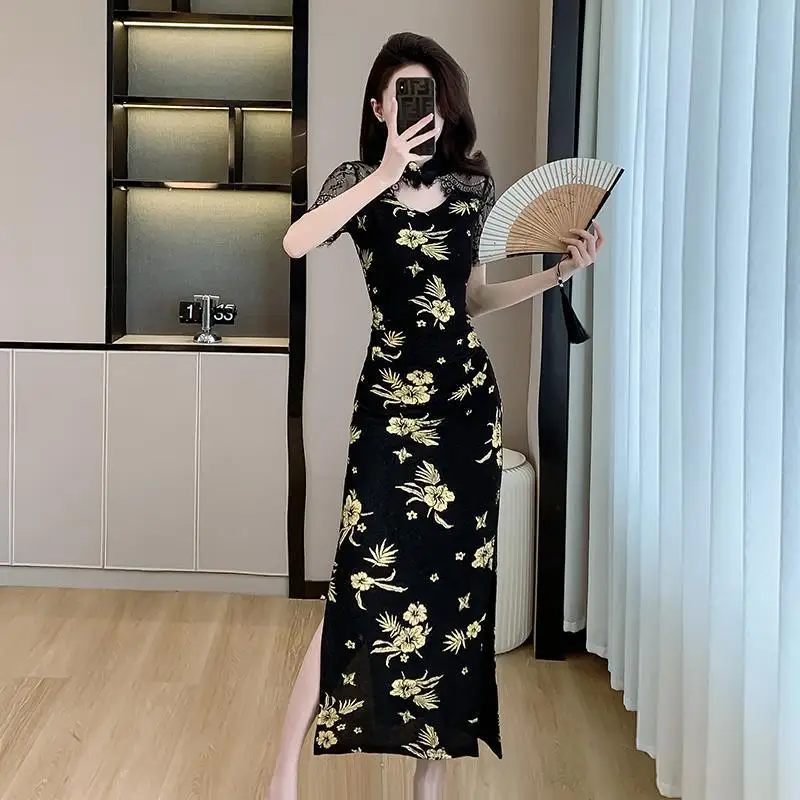 Vestido retrô de manga curta feminino, vestido de baile, cheongsam split fashion, novo, 2024