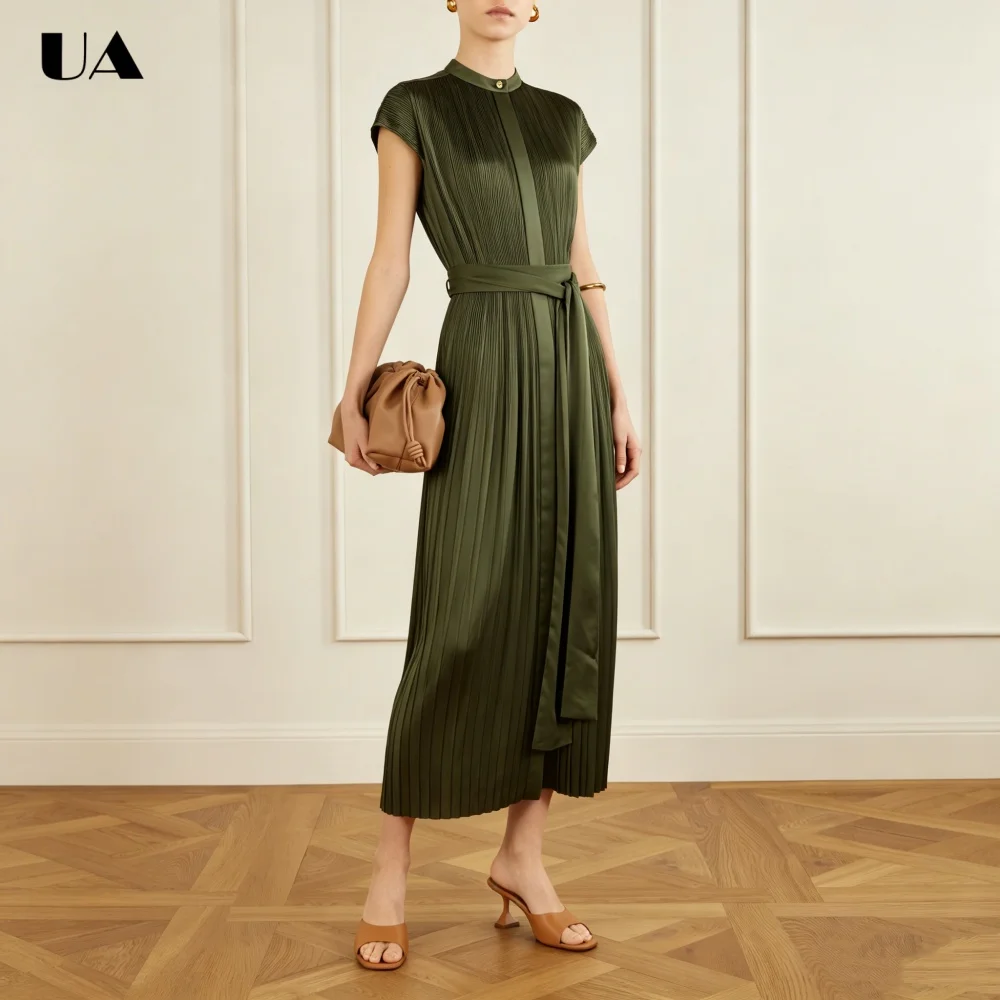 

ULBYANRY Customized Satin Pleated Belted Prom Dresses for Women, Elegant A-line Evening Dress, Trendy Half High Neck Ball Gown