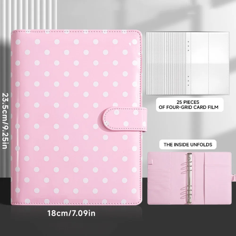 

A5 Photo Binder Book 6 Ring Polka Dot Loose-leaf Ledger PU Leather 4 Pocket Card Pages Refillable Notebook Binder