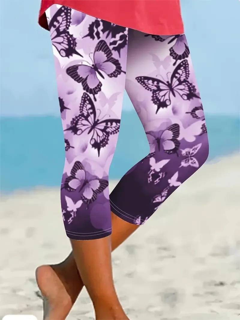 Butterfly print stretch elastic waist slim leggings capri pants can be worn by women on beach vacation