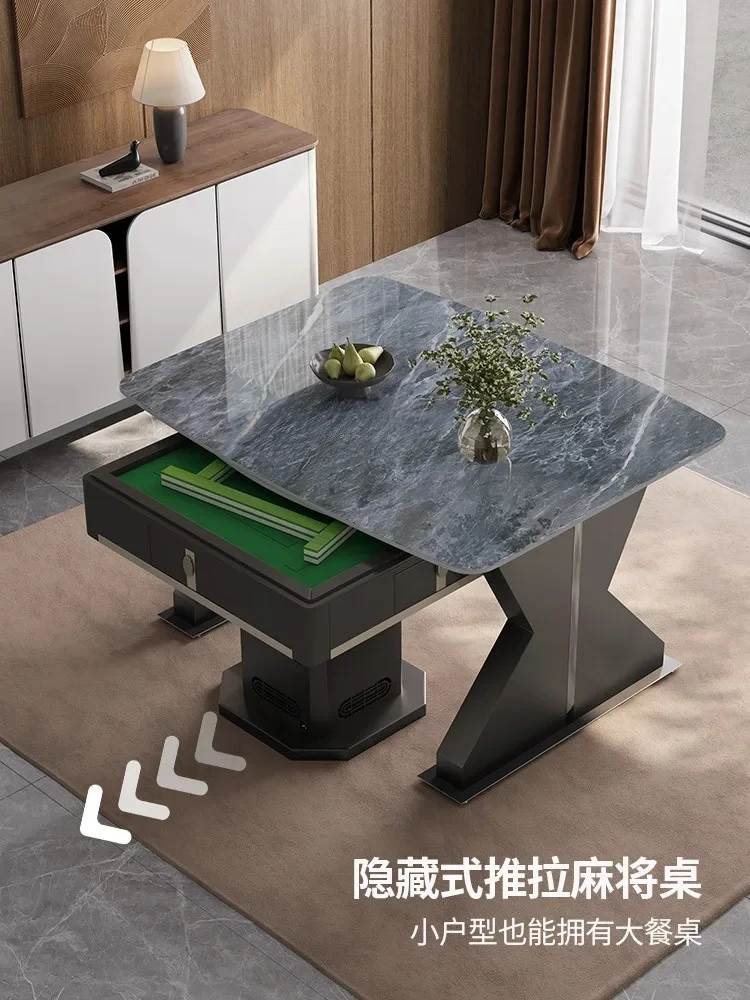 A Rock slab dining table mahjong table integrated household induction cooker automatic mahjong machine with fire