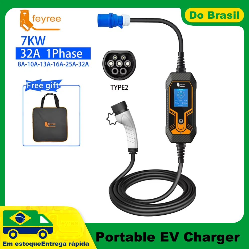 Feyree 32A 7KW Type2 EV Carregador Portátil 11KW 16A 3 Fase 5M Cabo EVSE Caixa de Carregamento Carregador de Carro Plugue CEE para Veículo Elétrico