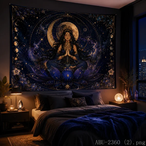 Moon Phase Lotus Goddess Tapestry Pray Pose Crescent Full Moon Starry Sky Wall Hanging Spiritual Witchy Bedroom Yoga Decor