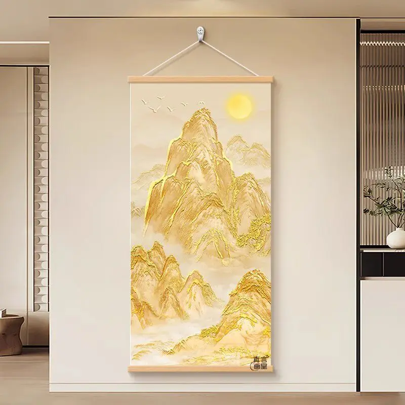 

Fortune Attracting Feng Shui Sunrise Golden Mountain Scroll Tapestry Wall Hanging Multi-Scene Decor for Office, Hallway & Stairs