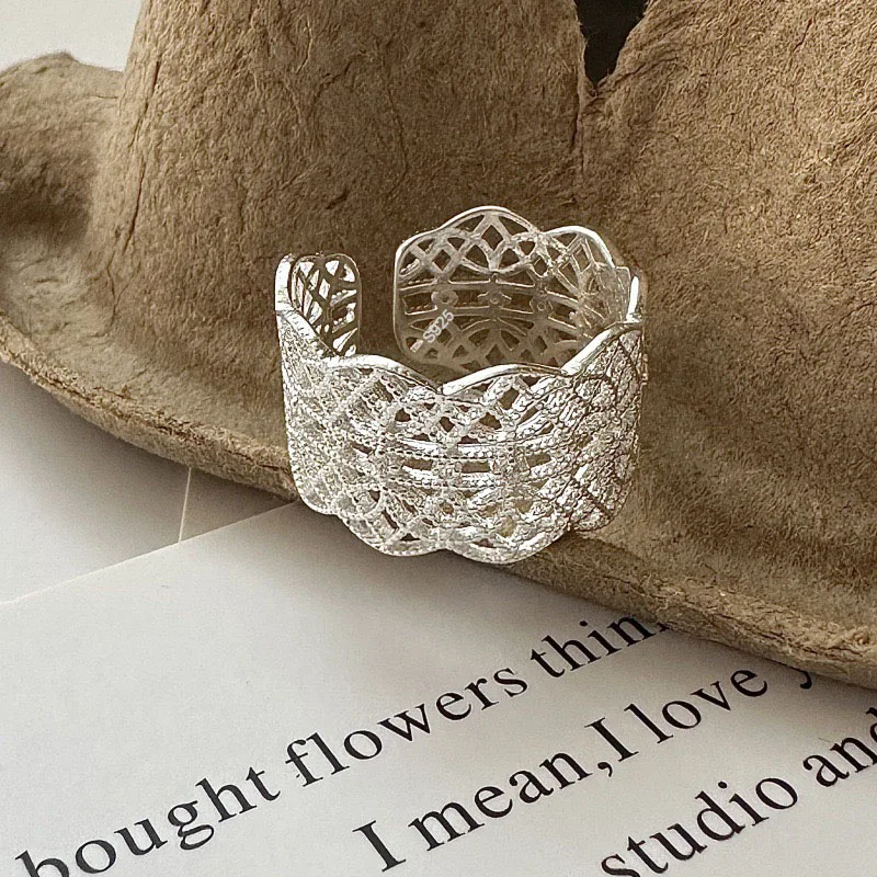 925 Sterling Silver Rings For Women Geometric Fine Jewelry Finger Adjustable Wide Hollow Lace Ring For Party Birthday Gift