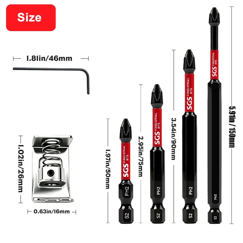 2-Piece Magnetic Screwdriver Bit Set, with Spring-Loaded Screw Holder to Prevent Falling, 1/ 4inch Hex Shank, S2 Steel Bits, Pz2/Ph2 50/75/90/150mm, Impact-Resistant Electric Screwdriver Bits