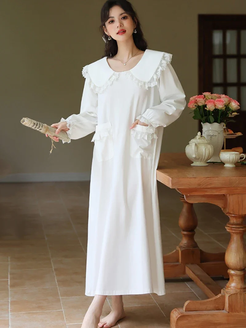 

Long Sleeve Ruffles Cotton Princess Nightgown for Women Spring Turndown Collar Sweet Loose Sleepwear Victorian Nightwear