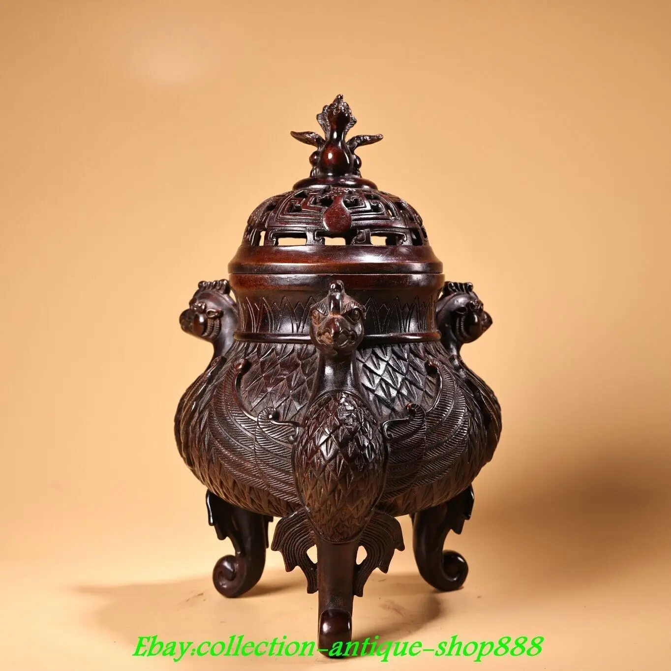 Old China Dynasty Marked Pure Bronze Phoenix Bird 3 Legs Incense Burner Censer