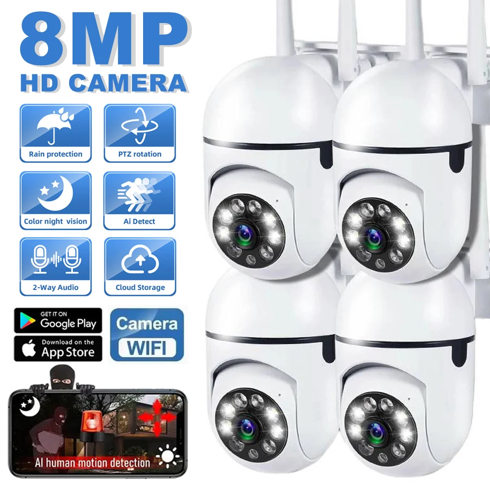 8MP Wifi Surveillance Camera Outdoor Wireless Camera 4X Zoom Human Tracking Two-way Audio Color Night Vision Security Cam CCTV