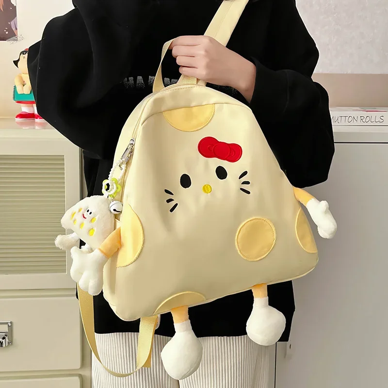 Sanrio Hello Kitty 2024 New Cute Girls Backpack Cartoon Yellow Large Capacity Solid Color Versatile Student School Bag