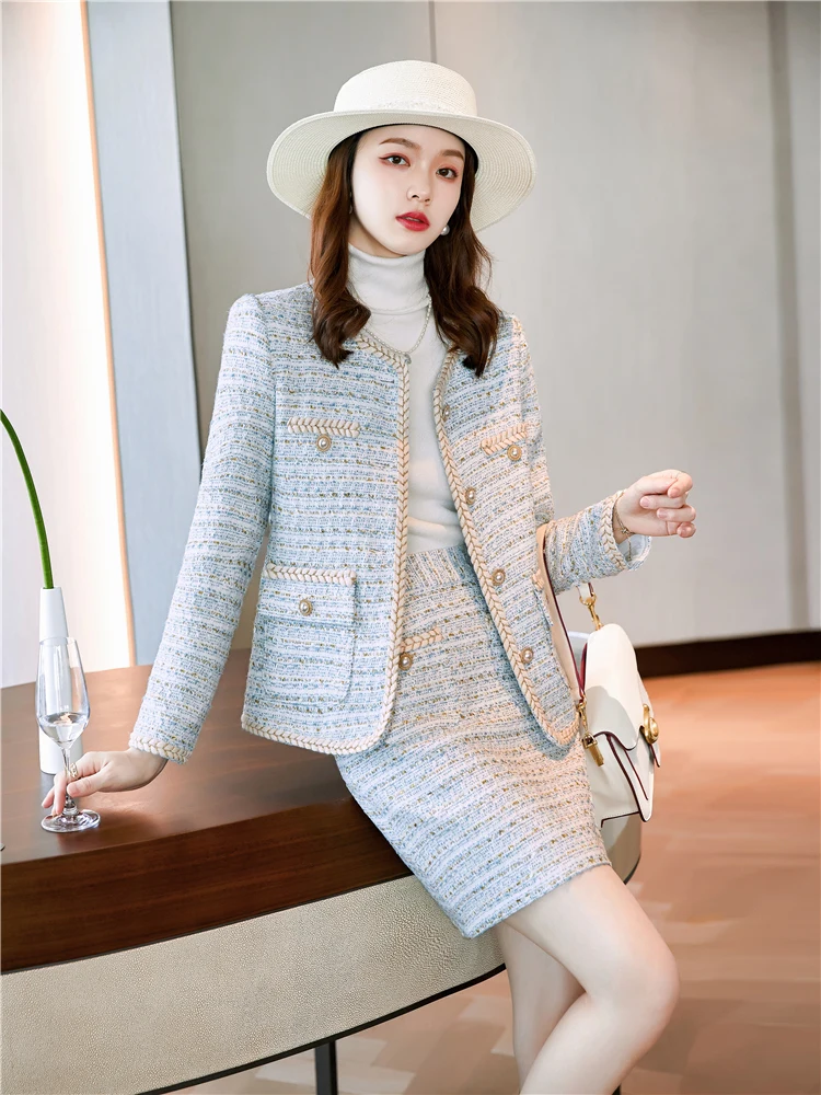 

Women Vintage Skirt Suits High Quality French Small Fragrance Tweed Jacket Coat Casual Fried Street Short Coat Plaid Outwear