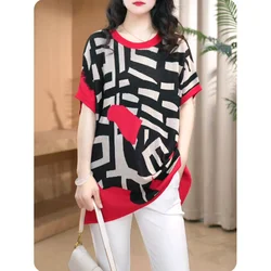 2024 New Summer Retro Ethnic Style Fashion Knighted Short Sleeved Pullovers Round Neck Midi Print Geometric Women's T-shirt Top