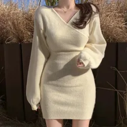 2023 Spring Autumn Sexy Cross V-neck Wrap Hip Dresses Women's Knitted Sweater Dress Fashion Tight Short Dress