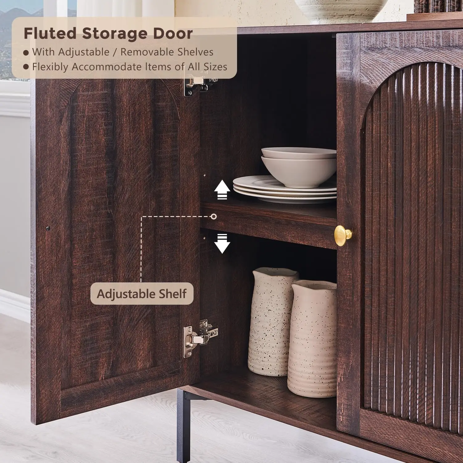 34in Fluted Buffet Sideboard Adjustable Shelves Wooden Coffee Bar Cabinet Dining Kitchen Living Entryway Brown Customized