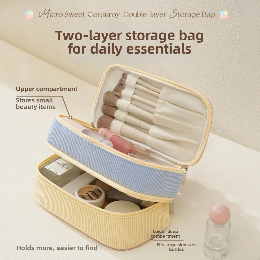 Neue doppellagige Aufbewahrungstasche aus weichem Material, große Kapazität, Kosmetiktasche mit Reißverschluss, tragbare Make-up-Tasche, Aufbewahrungstasche – Detail 5