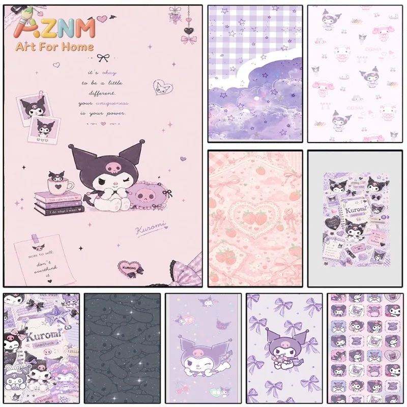 Kuromi Canvas Poster Cute Sanrio Cartoon Print Unframed Canvas Art Purple Plaid Bow Heart Book Sweet Kawaii Aesthetic Wall Decor