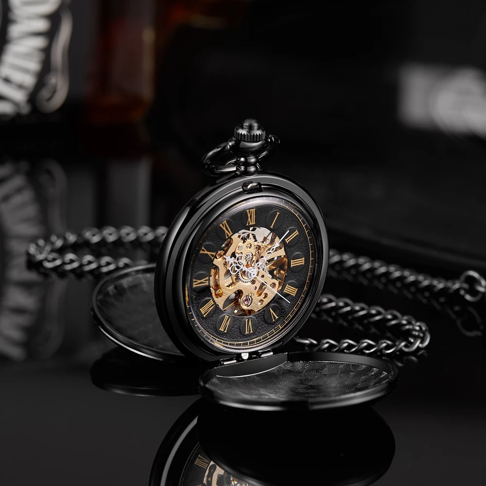 Stainless Steel Men Mechanical Pocket Watch Vintage Skeleton dial Sivler Double Face Hand Wind Mechanical Male Fob Chain Watches