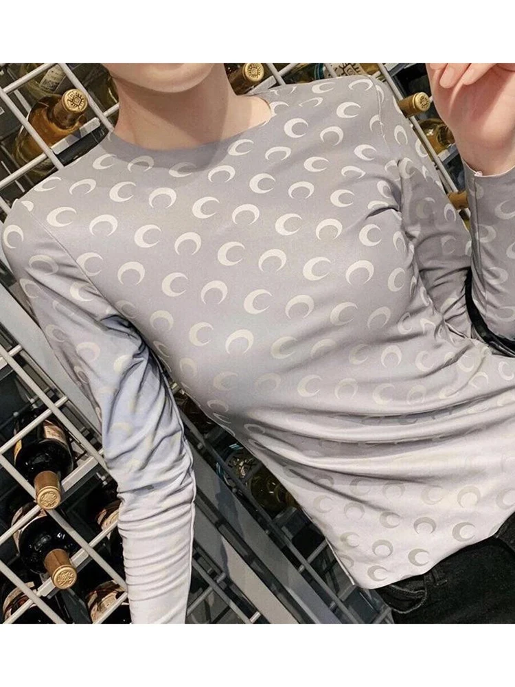 Elastic Women's Long Sleeve T Shirt Summer Fashion Printed Moon Korean Casual Slim Fit Reflective Versatile Base Top