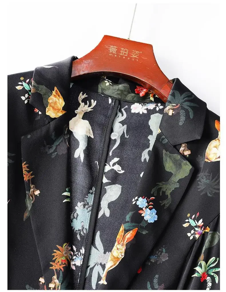 Spring Summer Notched Three Quarter Fashion Blazers Women Street Button Cardigan Elegant Printing Office All-match Tops B266