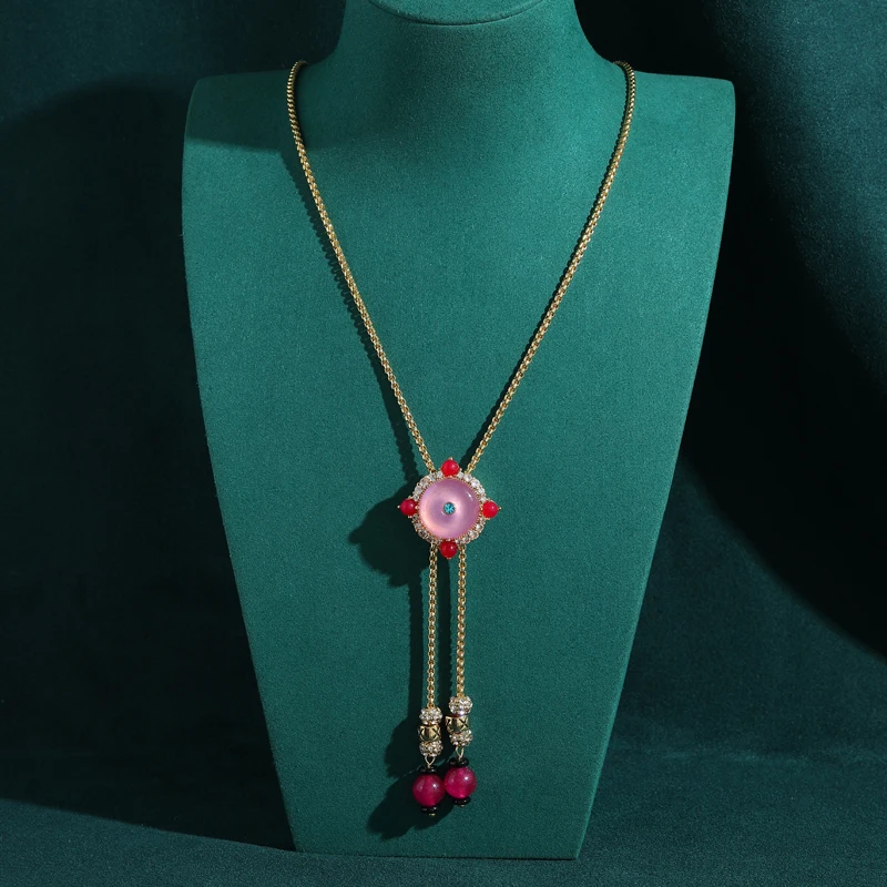 

Vintage Pink Jade Long Statement Necklace Charm Pendant Chain For Woman Bridal Antique Gold Color Accessories 2026 New