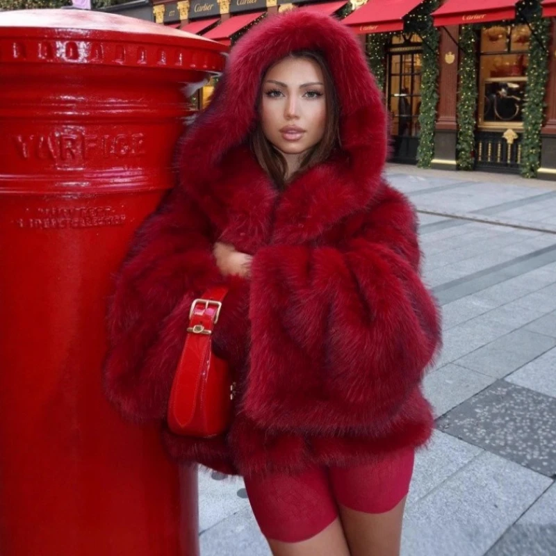 TARUXY Solid Color Hooded Lmitation Fur Coat Women's Fashion Loose Long Sleeves Plush Thick Jacket Winter New High Street Female