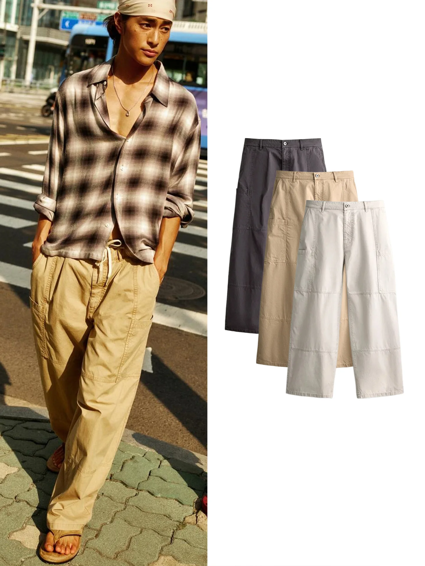 Men's Casual Loose Fit Workwear Vintage Style Long Pants Button Zipper Style New Autumn Collection Polyester Fiber Straight L...