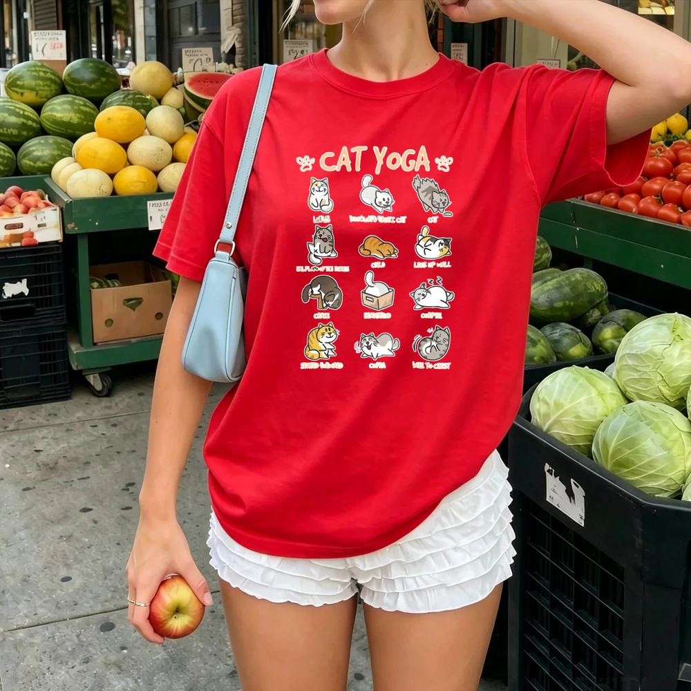 Cat Yoga Multiple Poses Chart Graphic T Shirt Women Cute Cartoon Kitten Yoga Pose Name Print Casual Cotton Pet Meditation Tops