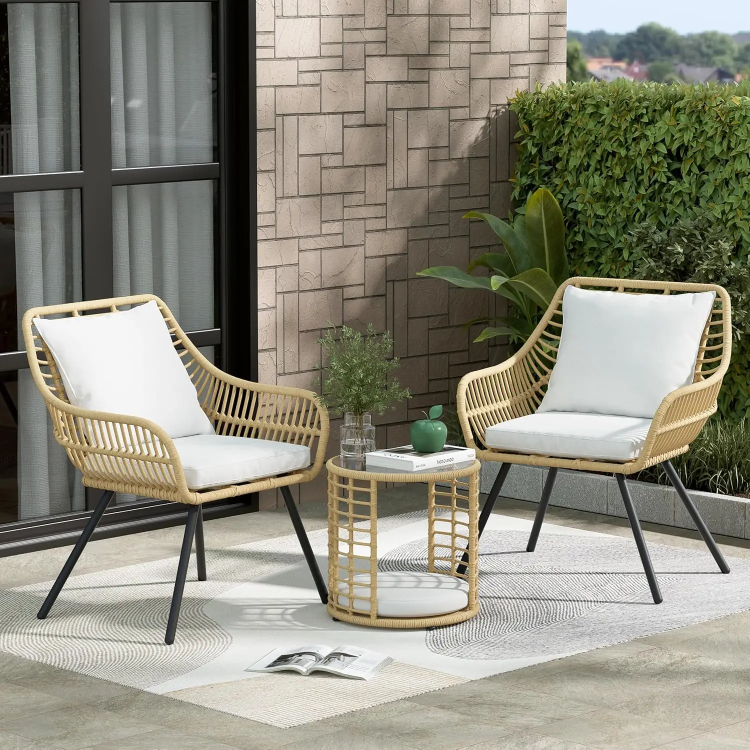 3 Piece Patio Bistro Set, Bistro Table And Chairs Set Of 2 With Elevated Back Cushion, Round Glass Top Coffee Side Table, Patio