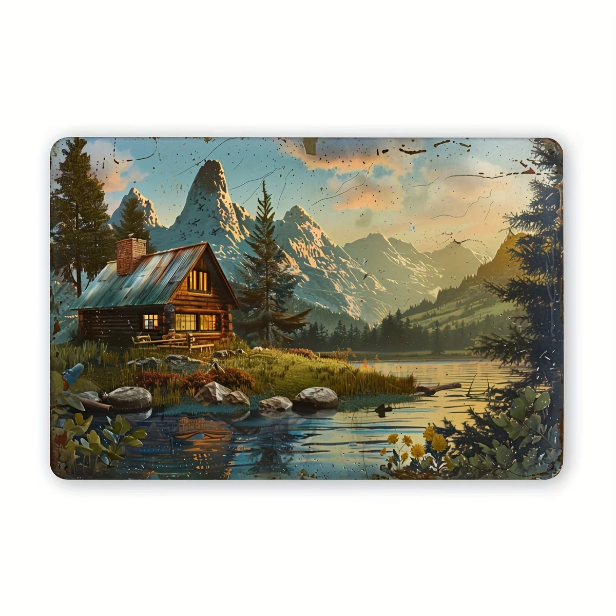 Vintage Mountain Lodge Metal Tin Sign – Rustic Cabin in Snowy Mountain Scene, 12x8 Inch Wall Art for Home, Bar, Cafe, Garage, In
