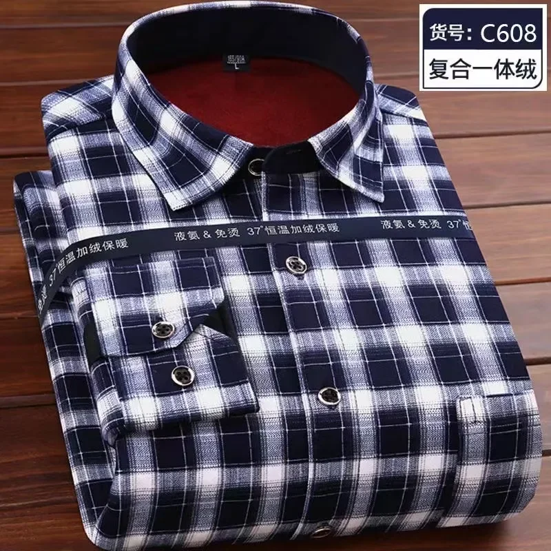 Autumn Winter Thicken Fleece Shirt Men Business Plaid Shirt Long Sleeve Warm Clothes Turn Down Collar Button Up Warm Shirts Male